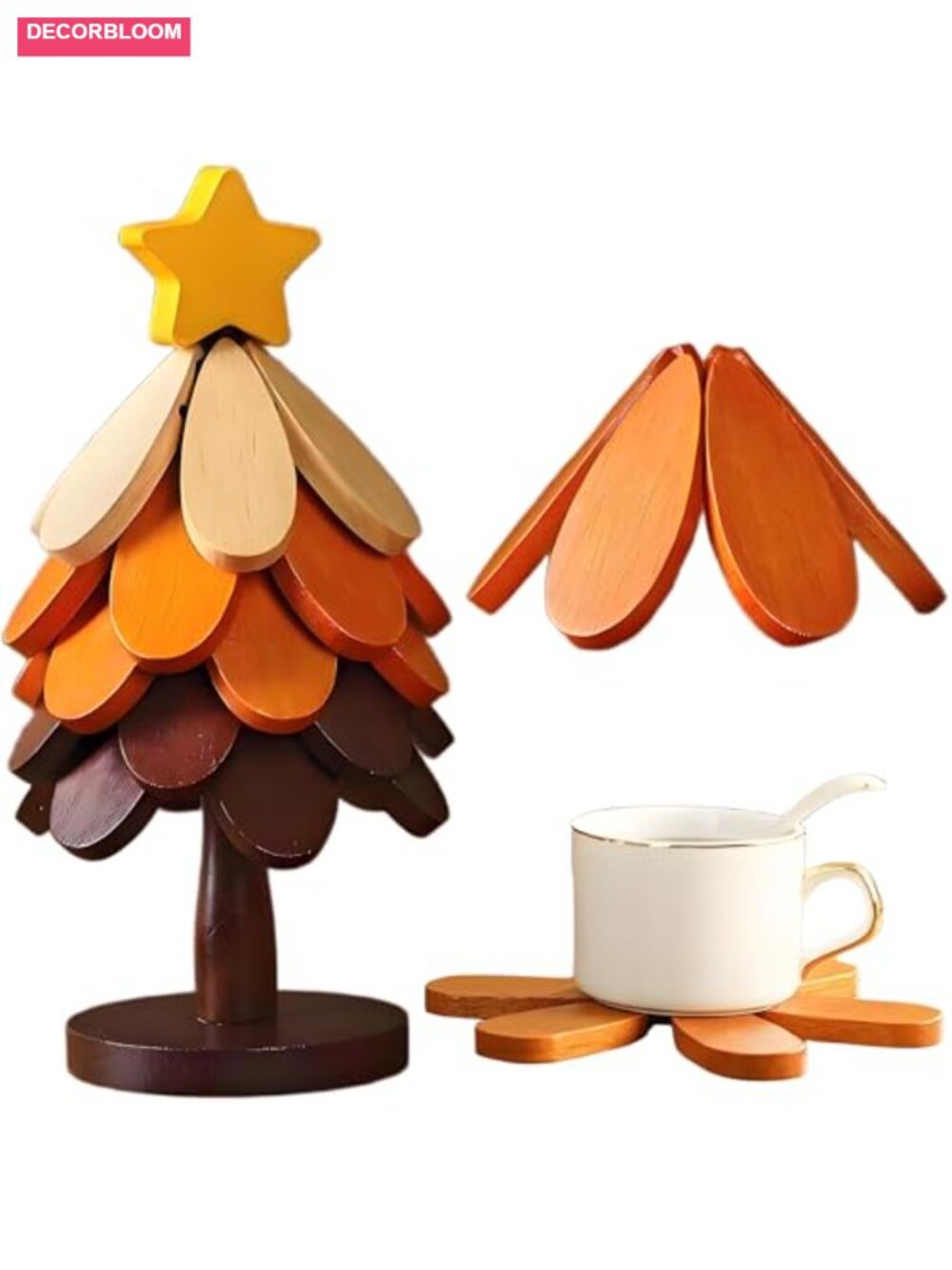 Wooden Foldable Tree Coasters Set of 5 Heat Resistant Kitchen Trivet